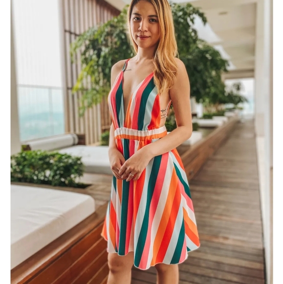 New Summer Rainbow Striped Plunge Mini Dress - Picture 5 of 14